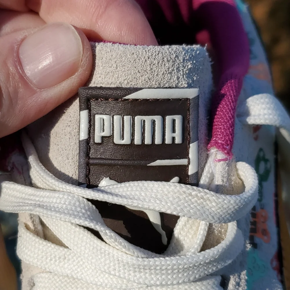 Puma Suede Kids Size US 4.5 C. GPWC. Gummy Care Bear design. White/Grey Pink.